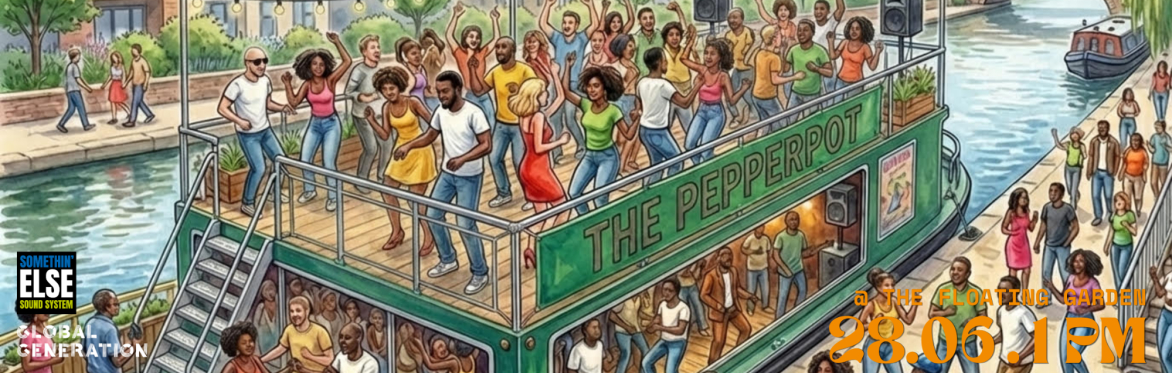 People dance on a boat which reads The Pepperpot, floating garden 28/06 at 1 p.m