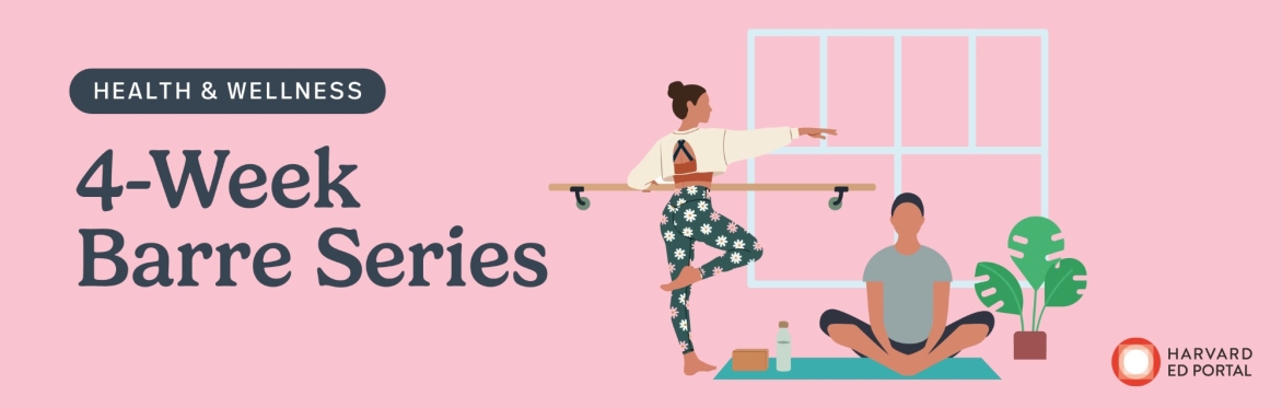 A cartoon image of two people doing barre poses. The people - one of whom is a man and one is a women - are in tights. The man is wearing a white shirt and the women is wearing a blue tank top.