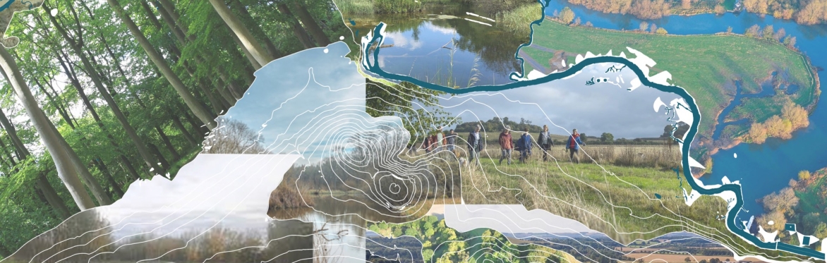 A collage of images of nature from across the Thames bioregion, overlaid with a line contour map