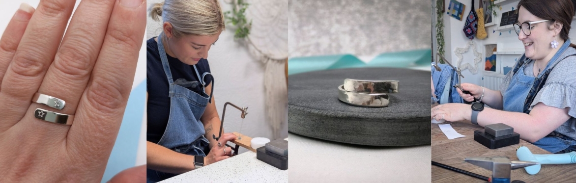 The banner shows 4 photos. 2 of silver rings and 2 of people making jewellery