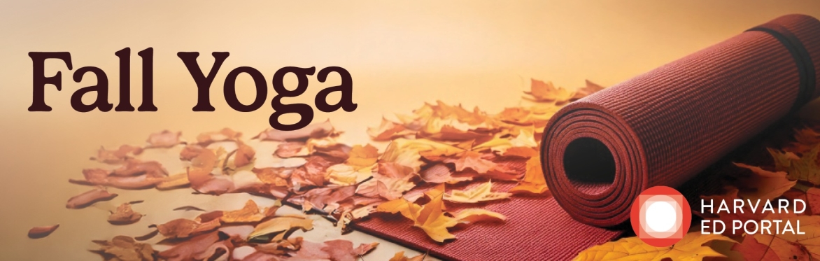 An image of a partly rolled up yoga mat with fallen leaves on it and the text "Fall Yoga" in the upper left corner.