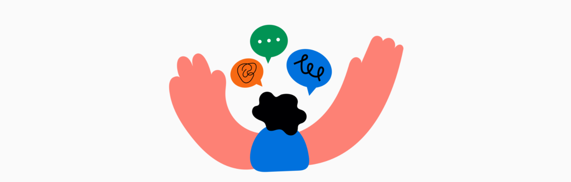 Illustration of wide spread arms with conversation and thoughts embraced