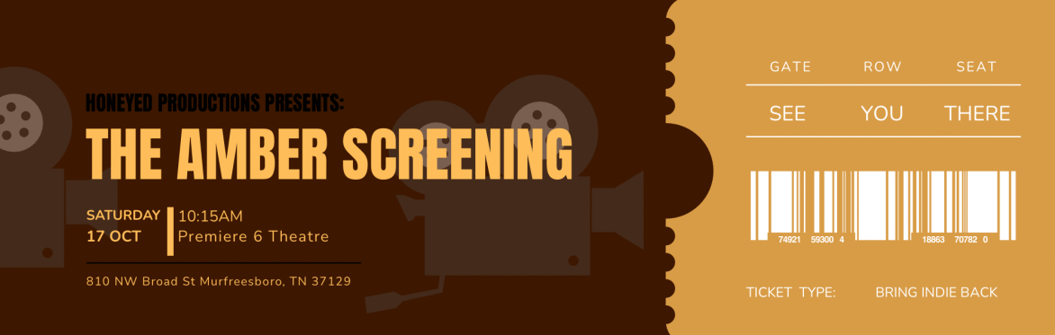 A movie theatre ticket for The Amber Screening. Saturday, October 17, 2026 at Premiere 6 Theatre in Murfreesboro, TN