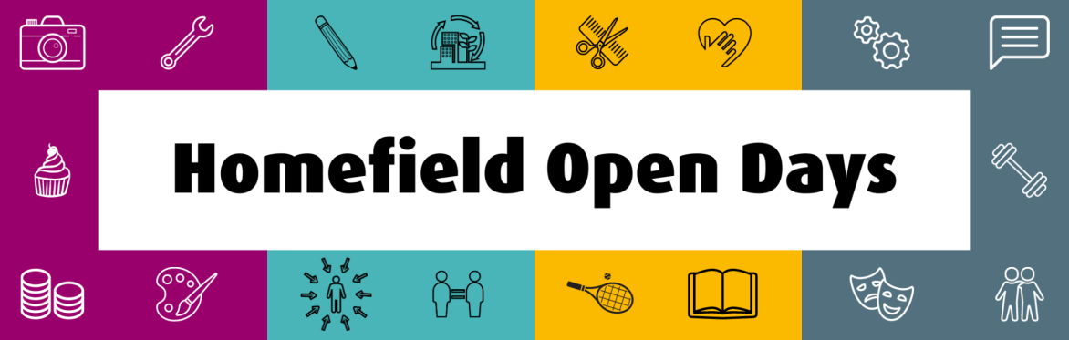 Banner showing symbols of different subjects. Text reads Homefield Open Days