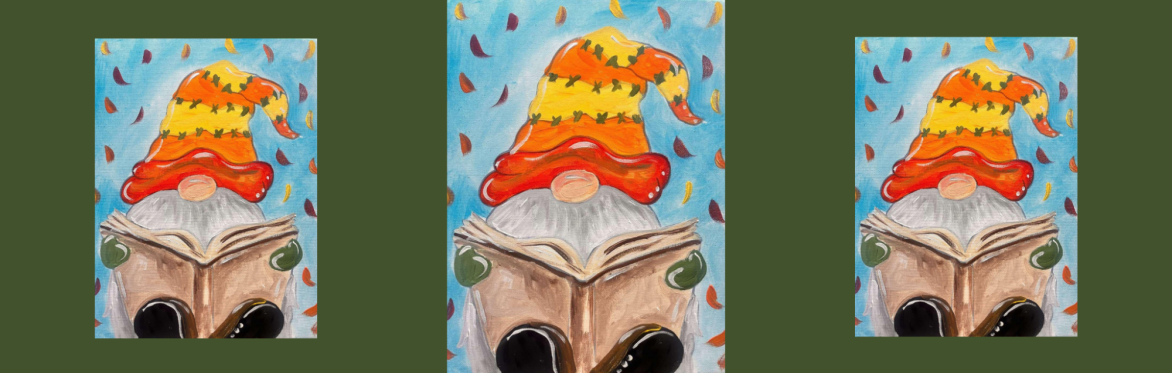 3 repeats of same image of a cute gnome with a long white beard reads an open book, wearing a tall striped hat in yellow and orange, as colorful autumn leaves fall around.
