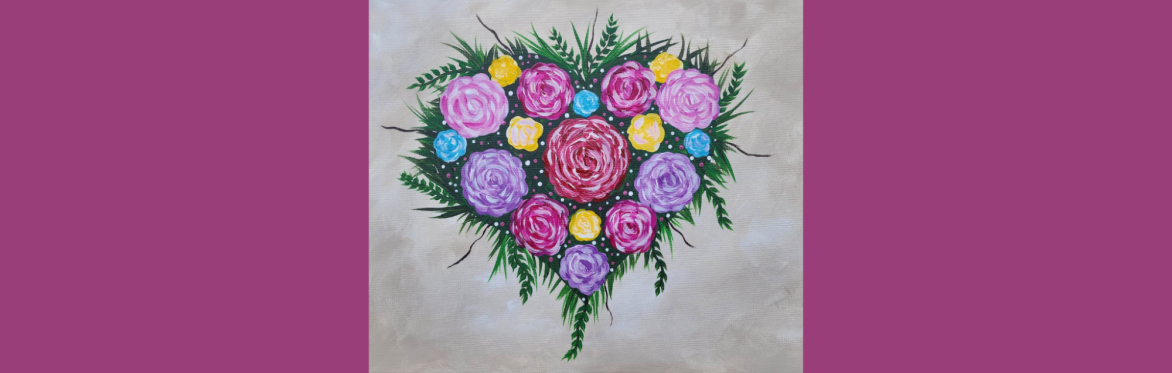 A heart-shaped bouquet bursting with blooms in blue, yellow, violet, pink, and dark red — a vibrant and romantic display of color and love.