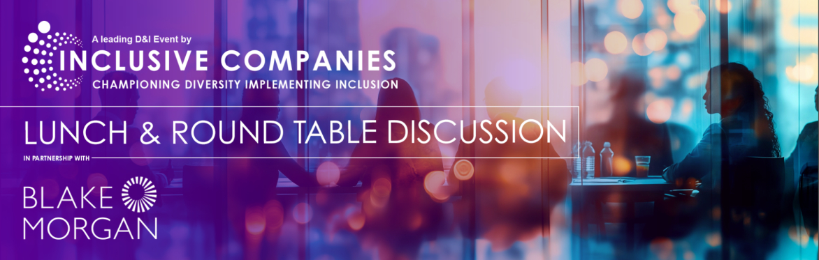 Inclusive Companies Logo layered on purple gradient background with stock image of blurred out office people in meeting