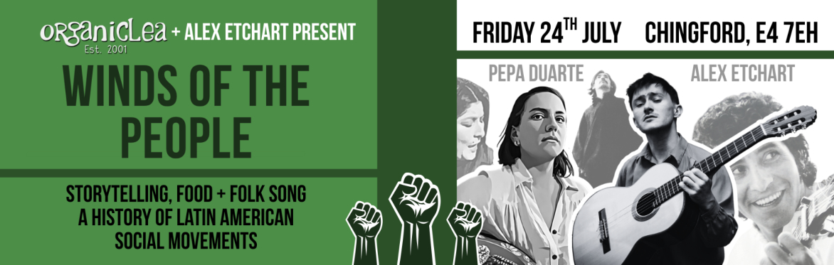 Flyer showing musicians on the right with event info on the left.