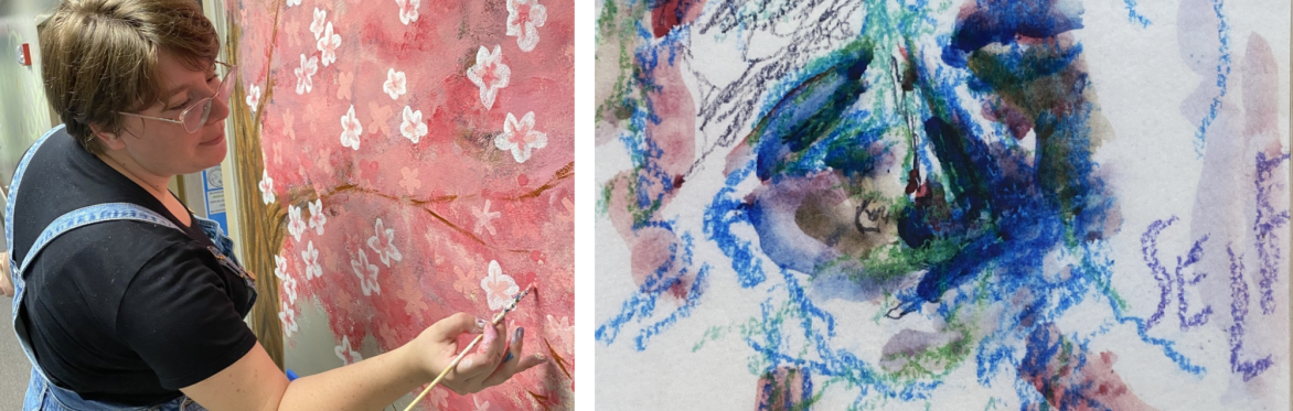 An artist painting a tree, alongside another abstract painting