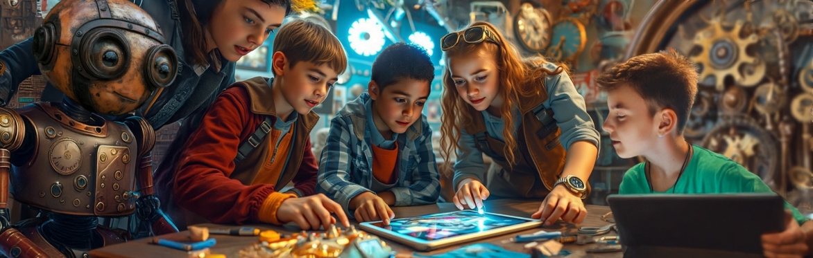 A group of children gather around a tablet in a workshop-like setting, engaging in a collaborative project. The scene is illuminated by warm lighting, with tools and gadgets scattered around them.