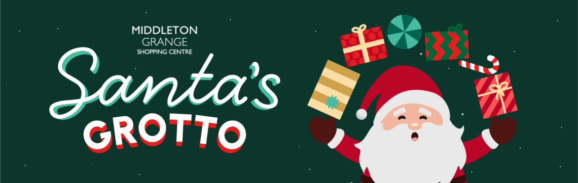Middleton Grange Shopping Centre presents Santa's Grotto.  Santa is juggling wrapped presents.