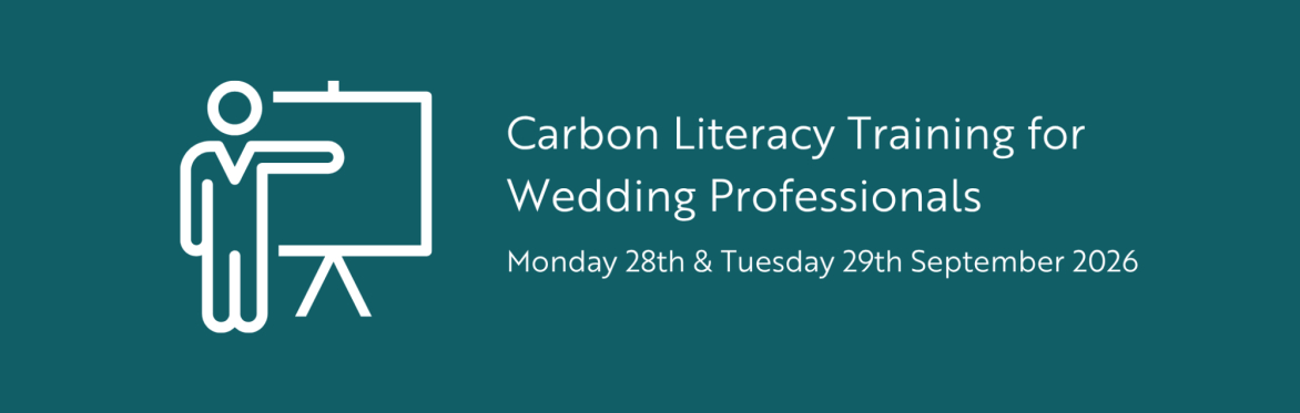 White outline icon of person pointing at whiteboard on a teal background with wording "Carbon Literacy for Wedding Professionals, Monday 28th & Tuesday 29th September 2026'".