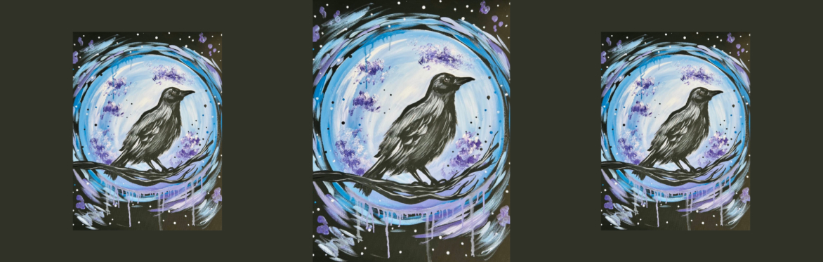3 repeats of same image of a black crow perches on a branch, framed by swirling blue and purple accents that glow against the dark background, giving the scene a mystical and mysterious feel.
