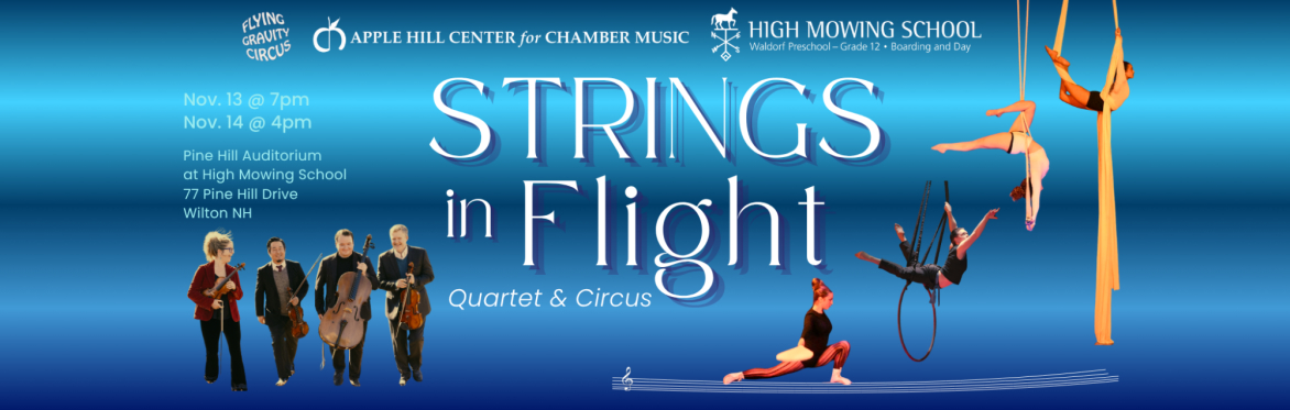 Aerialists on fabric, trapeze, lyra, and tightwire ascend on the right, with four string quartet players walking in a group on the left. The text is white on a blue field.