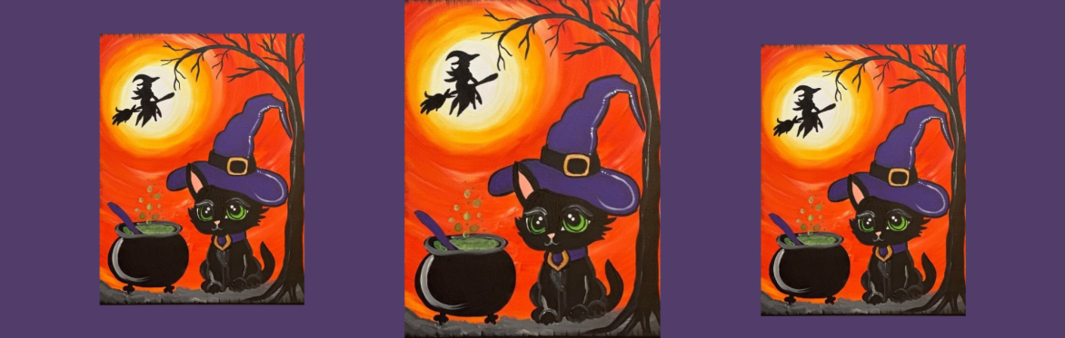 3 repeats of same image of a black cat wearing a purple witch hat sits beside a bubbling cauldron under a glowing orange sky, while a witch on a broom flies across the moon in the background.