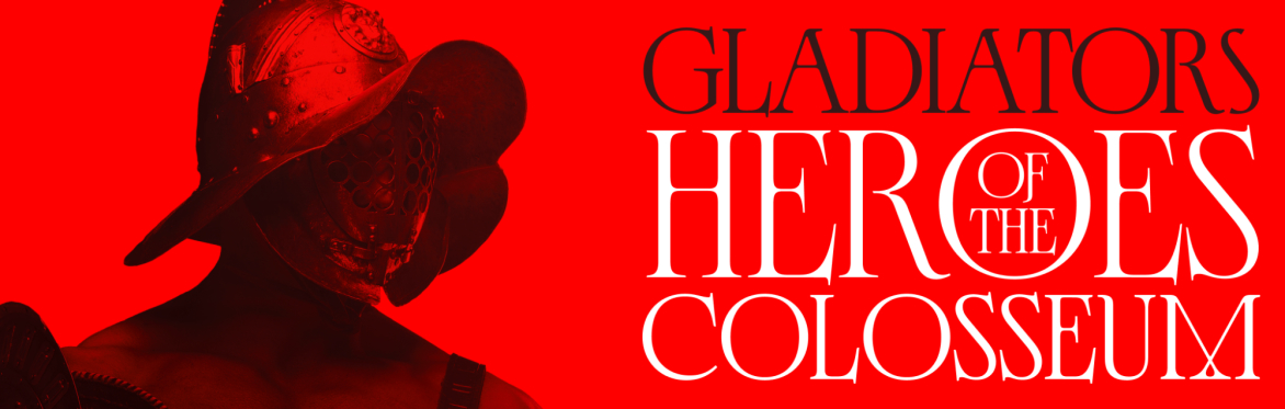 Head and shoulders of a helmeted gladiator pictured on a red background with the text Gladiators Heroes of the Colosseum