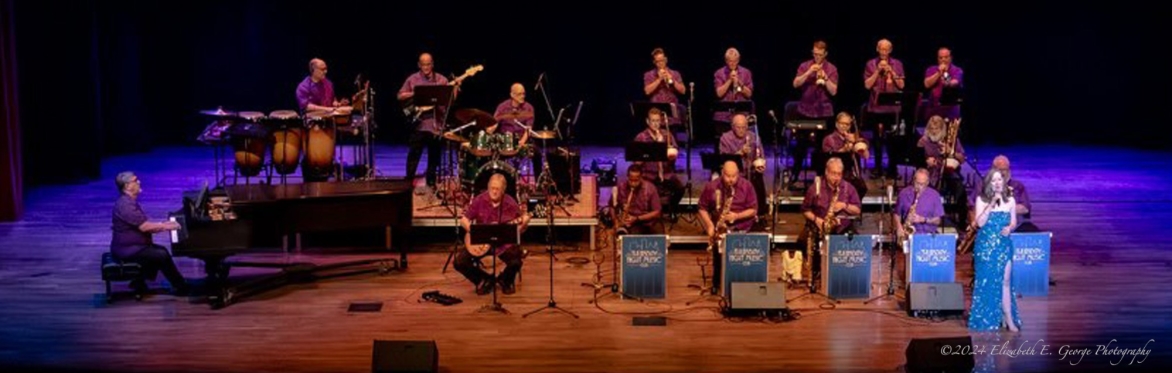 Woman in blue dress singing in front of band