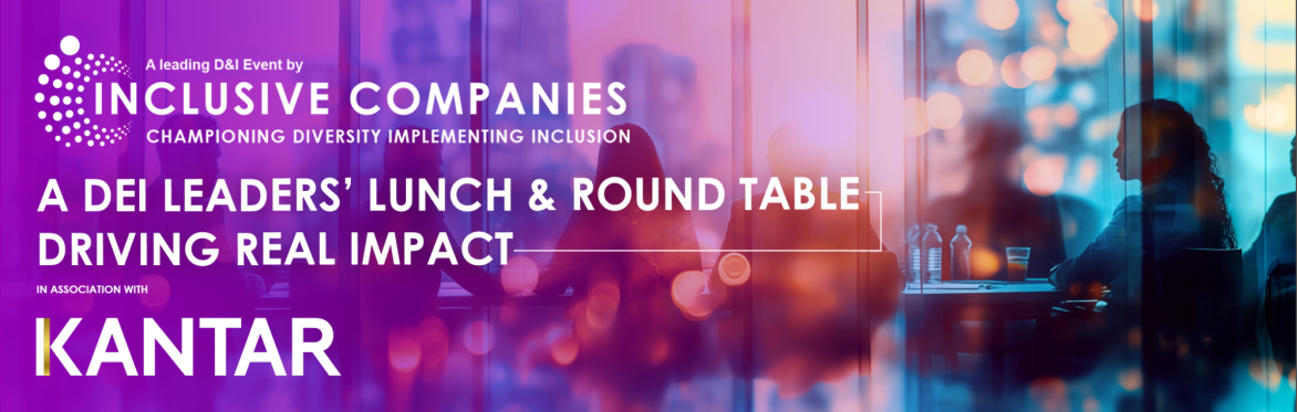Stylised stock image of diverse people in a meeting behind glass wall with layered Inclusive Companies Branding