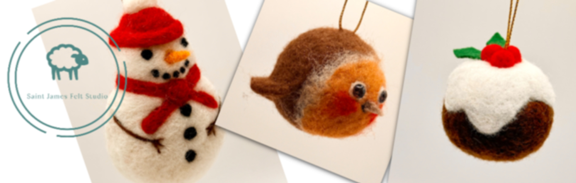 Needle felt baubles robin Saint James Felt Studio logo