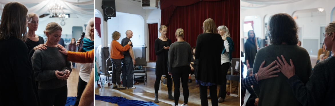 A montage of photos of ritual participants standing, moving and connecting.
