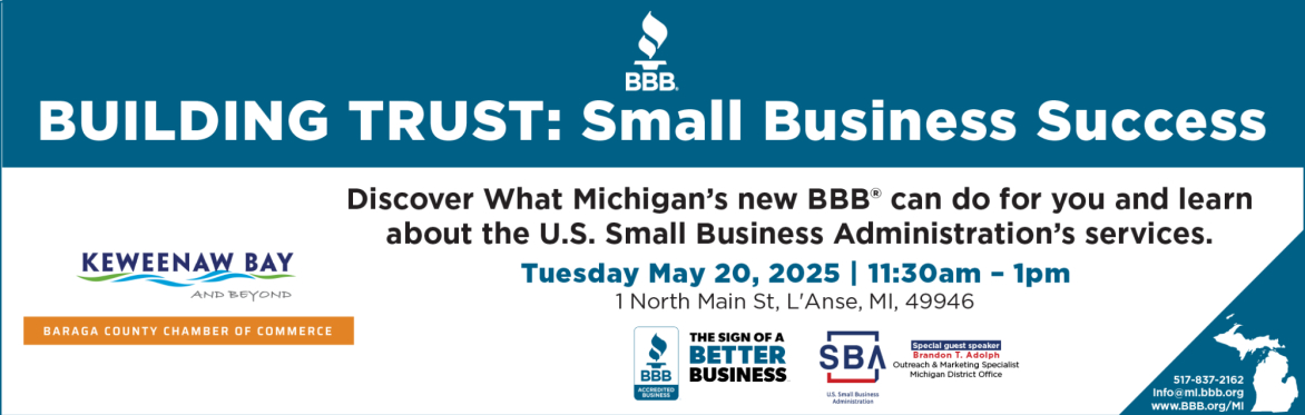 Register for Baraga Chamber of Commerce - BBB Small Business Success event  May 20