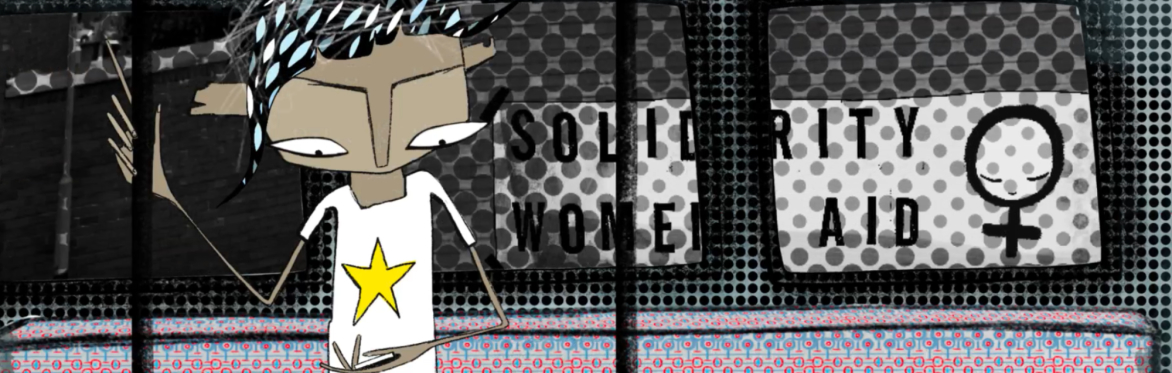 Animation still of a person on a train. Behind them, out of a window, is a poster with a feminist symbol and the message 'Solidarity Women's Aid'