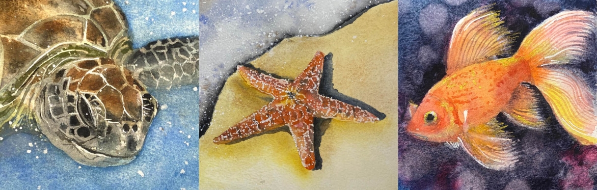 Watercolour and mixed media: Scales, Shells and Sea creatures