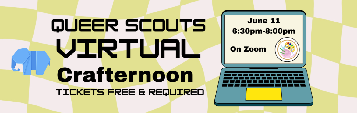 Green & white checkerboard background with black text. Blue origami elephant on the left left and laptop with Crafternoon logo on screen on the right. Text in event description.