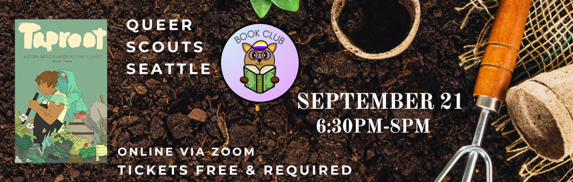 Text in event description. Background with dirt & garden tools. Book club logo in center. Book cover on left showing a brown skinned person gardening while being hugged from by a green skinned person.