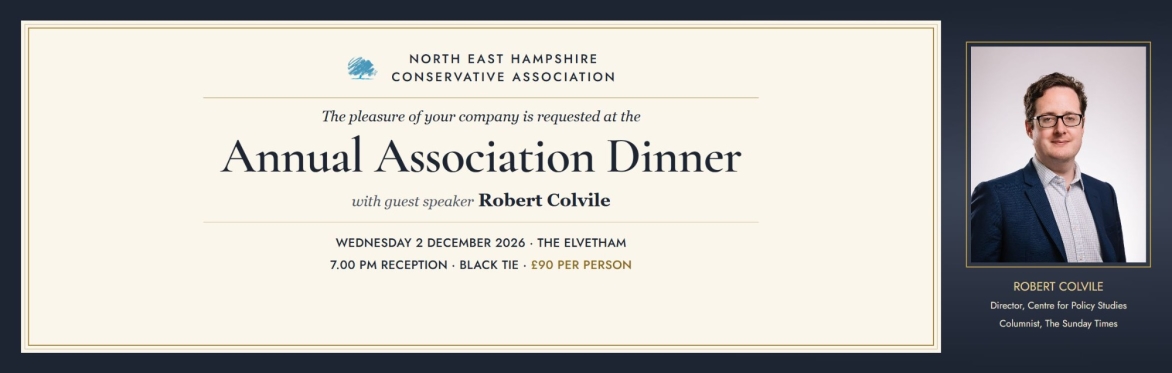 NEHCA Annual Association Dinner invitation with guest speaker Robert Colvile, Wednesday 2 December 2026 at The Elvetham