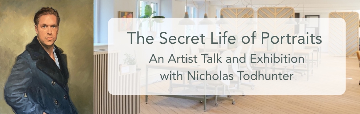 A self-portrait of the artist in oil next to an image of the venue and overlaid event title