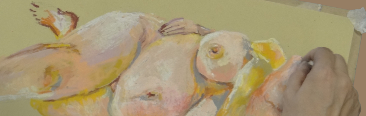 A hand drawing a nude figure in yellow and pink pastels on yellow paper.