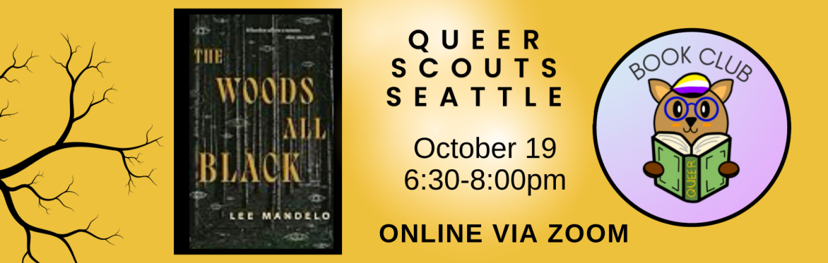 Text in event description. Gold background with black tree branch silhouette on left next to book cover showing a dark forest with eyes over the tree trunks. Book Club logo on right.
