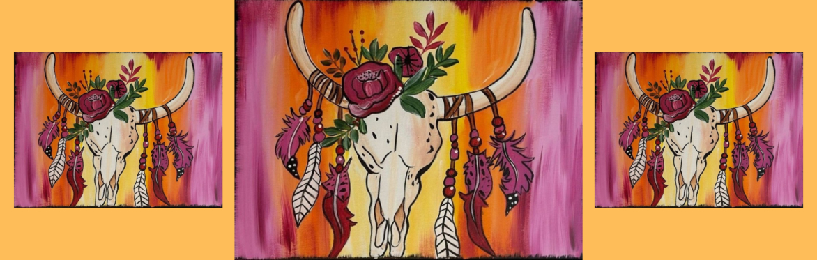 3 repeats of same image of a decorated bull skull stands out against a warm sunset background, adorned with red flowers, greenery, and hanging feathers and beads — blending rustic Western charm with b