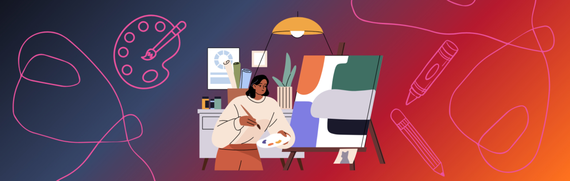 An illustration of someone painting a colourful canvas.