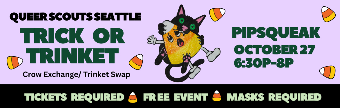 Text in event description. Lilac background with small candy corn design and black and dark green text. Cartoon cat attacking an anthropomorphic candy corn in center.