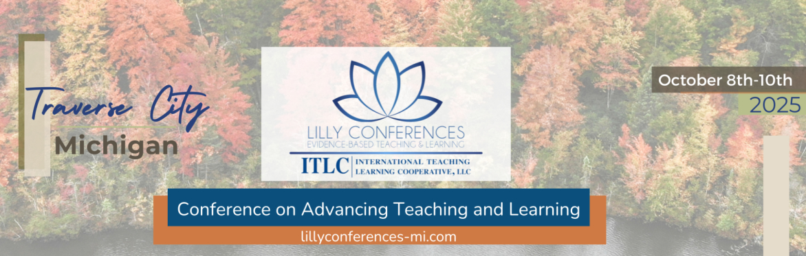 Background displays fall foliage of hardwood trees. Center image IITC Logo stating conference theme, date, and URL. Conference on Advancing Teaching and Learning Oct. 8-10, 2025.