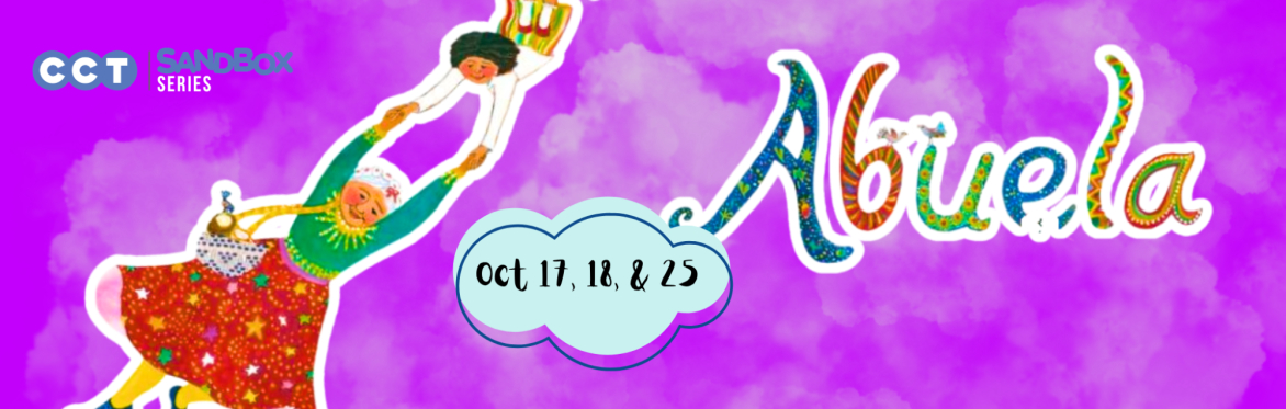 Text that reads "Abuela" with an illustration of a child and grandmother soaring above a colorful cityscape.