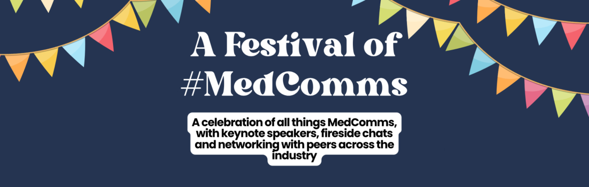a festival of medcomms banner, coloured in blue and grey
