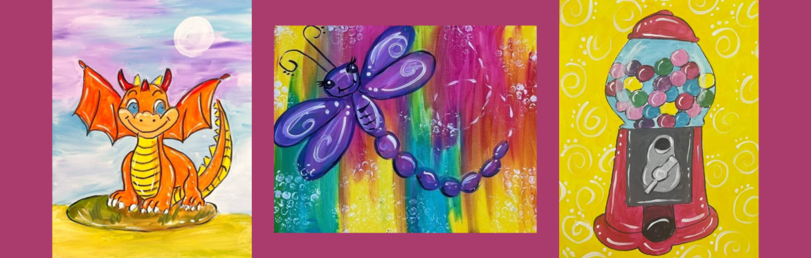 3 repeats of same image of a cute orange dragon under a pastel sky, a vibrant purple dragonfly on a rainbow background, and a classic red gumball machine with colorful candies on yellow.