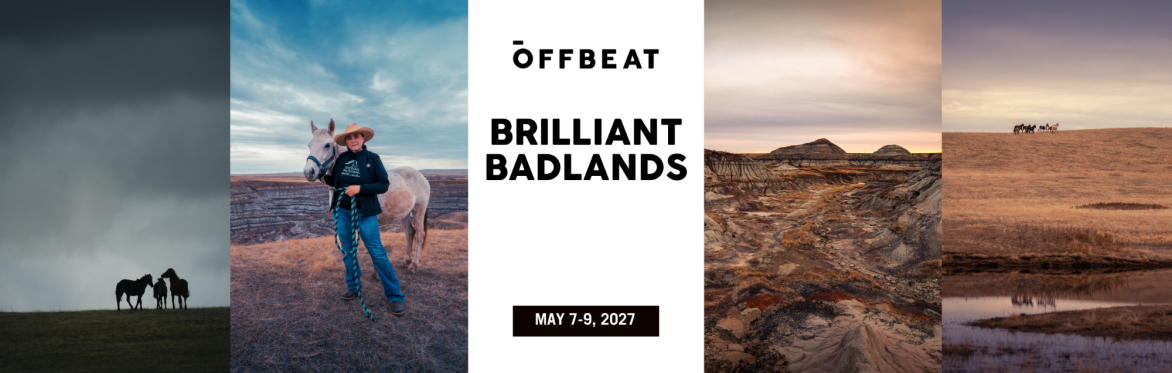 Grid of 4 images. Horses, a woman standing with a horse, a landscape of rocky hills, and a landscape of prairie with horses running. Text in the middle reads Brilliant Badlands, may 7-9, 2027