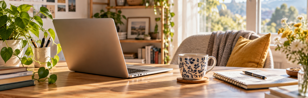Bright, sunlit home workspace with a laptop, notebook, mug and houseplants on a wooden desk.