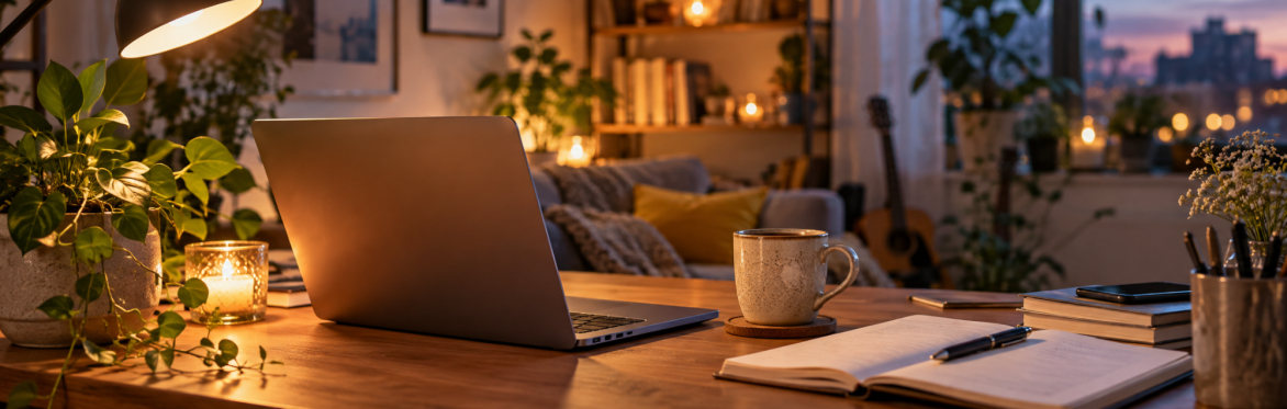 Cosy evening home workspace with a laptop, notebook, mug, plants and warm ambient lighting.