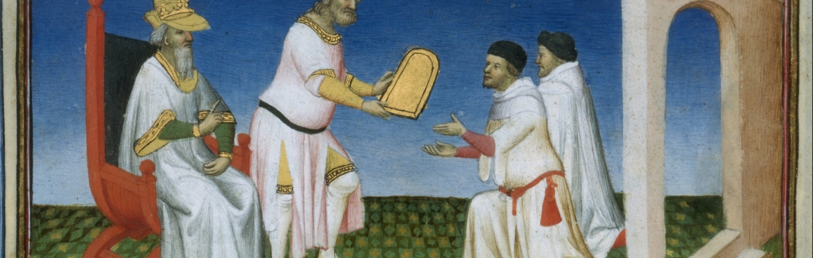 Kublai Khan giving a gold laissez-passer to the Polo brothers. MS BNF Français 2810 f. 3v