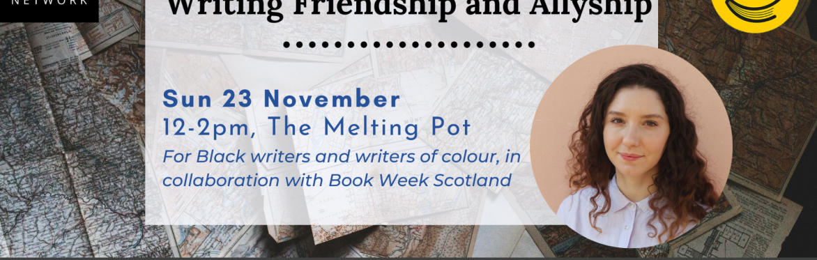 Background: a blue and pinkish-orange sci-fi city. Text: Building (Super) Heroic Worlds with Etienne Kubwabo. 18 Oct, 1:30-3:30pm. Pluto Q, Glasgow. For Black writers & writers of colour in Scotland.