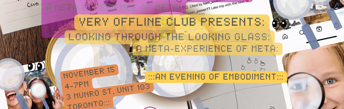 A background of Instagram feed snapshots with magnifying glasses and googly eyes transposed on top. Text fades into background and gives the name and event informatino.