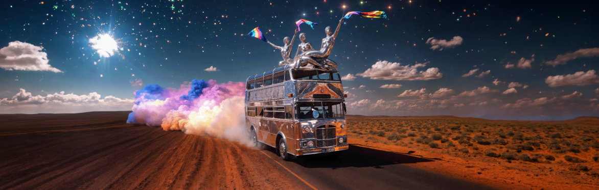 A shiny double-decker bus drives through a desert, with colorful smoke behind it and three metallic statues waving rainbow flags on its roof, under a starry sky.