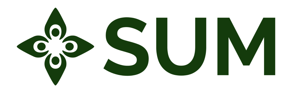 SUM's logo in green on a white background. SUM's logo is a 4-pointed flower, but also represents 4 people coming together.