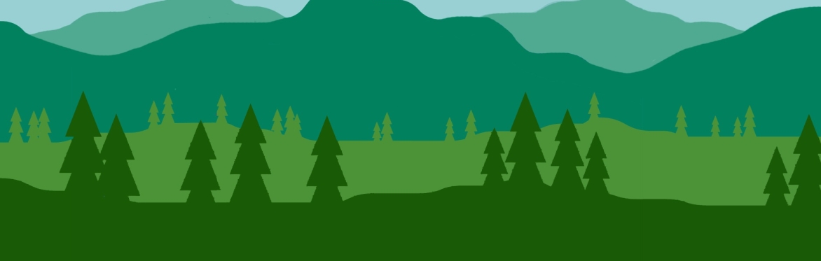 Illustrated pine trees and mountains in blue and green hues
