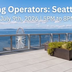 Event banner for Operator Teaching Operators: Seattle Rooftop Edition, featuring a scenic waterfront view of Elliott Bay and the Seattle Great Wheel from an outdoor terrace.